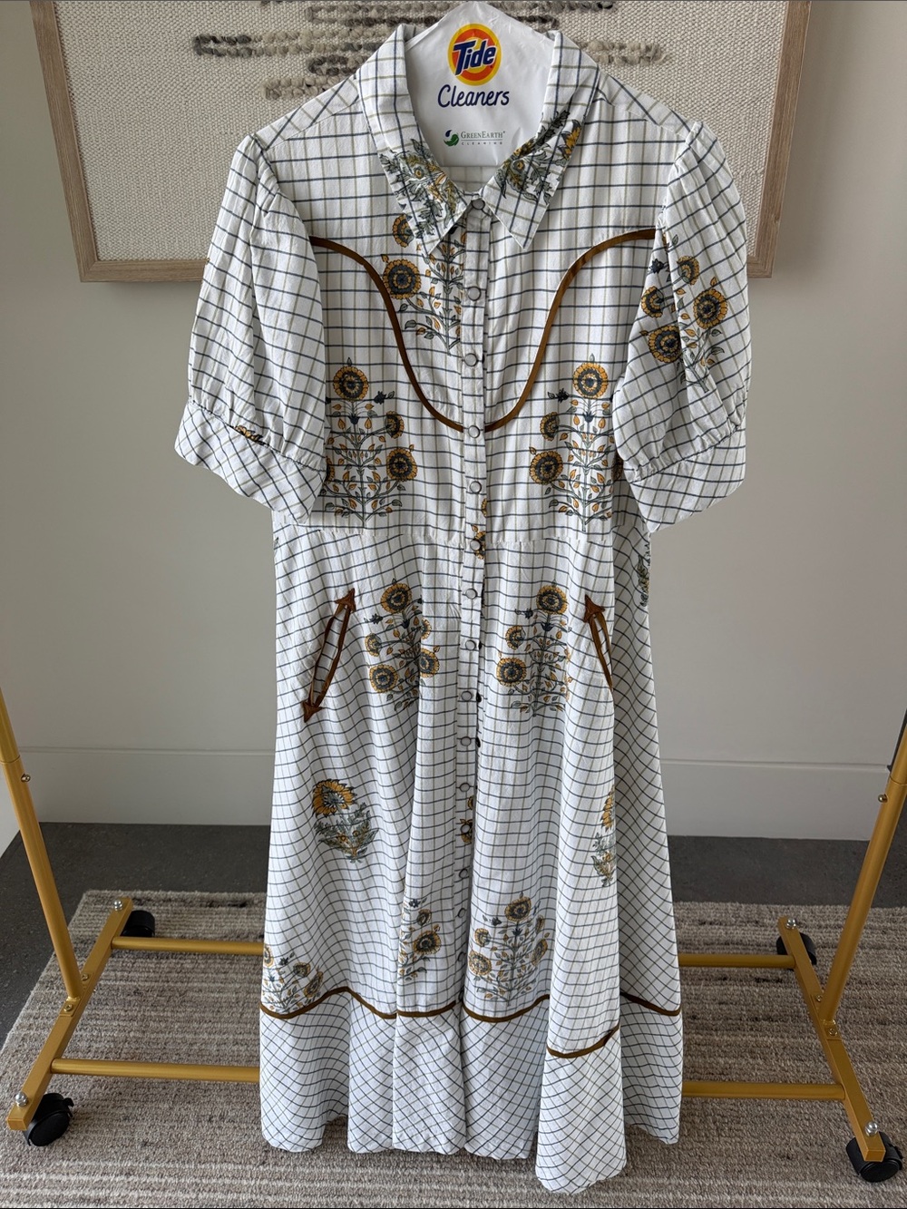 Uncle Frank Western Flair White Grid Maxi Dress with Yellow Sunflower Embroidery